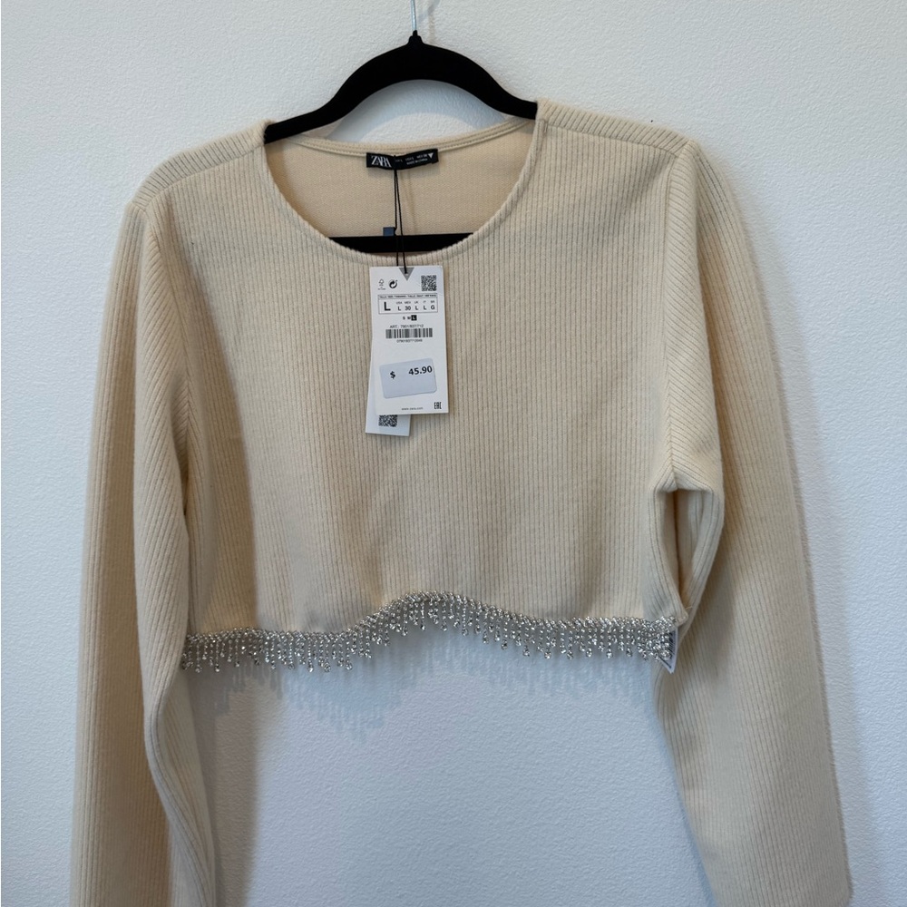 Zara Cream Long Sleeve Top with Beaded Hem